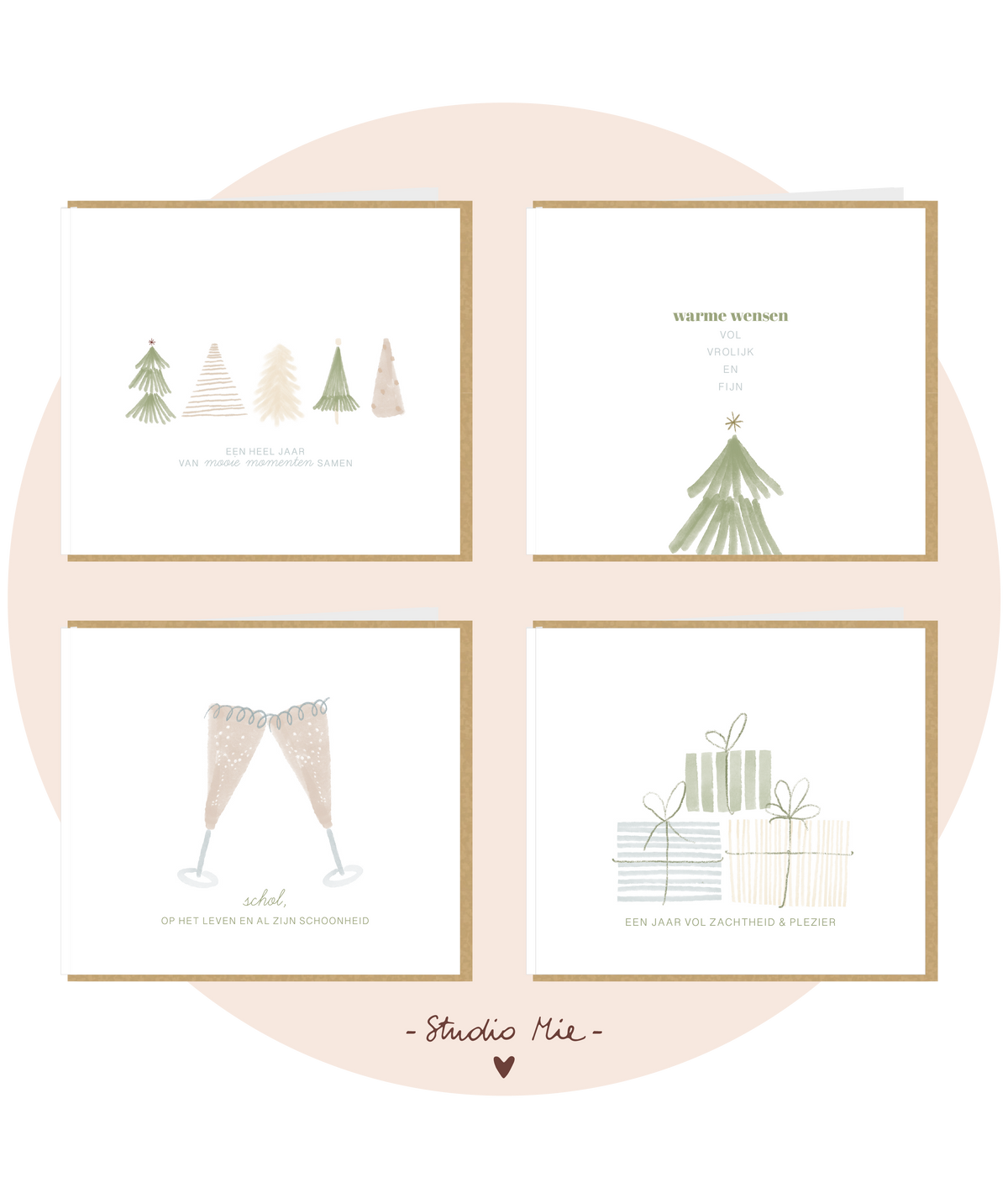 Set van 4 kerstkaarten, aquarelstijl neutrale tinten