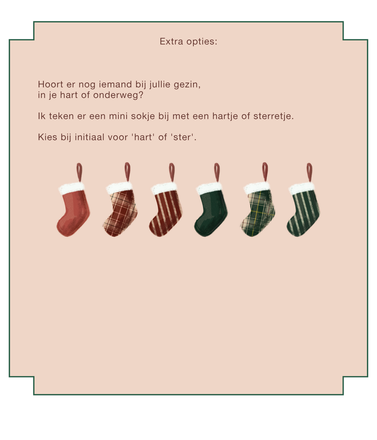Keuzeopties voor de extra mini sok met hartje of sterretje, naast zes kerstsokken in rood en groen
