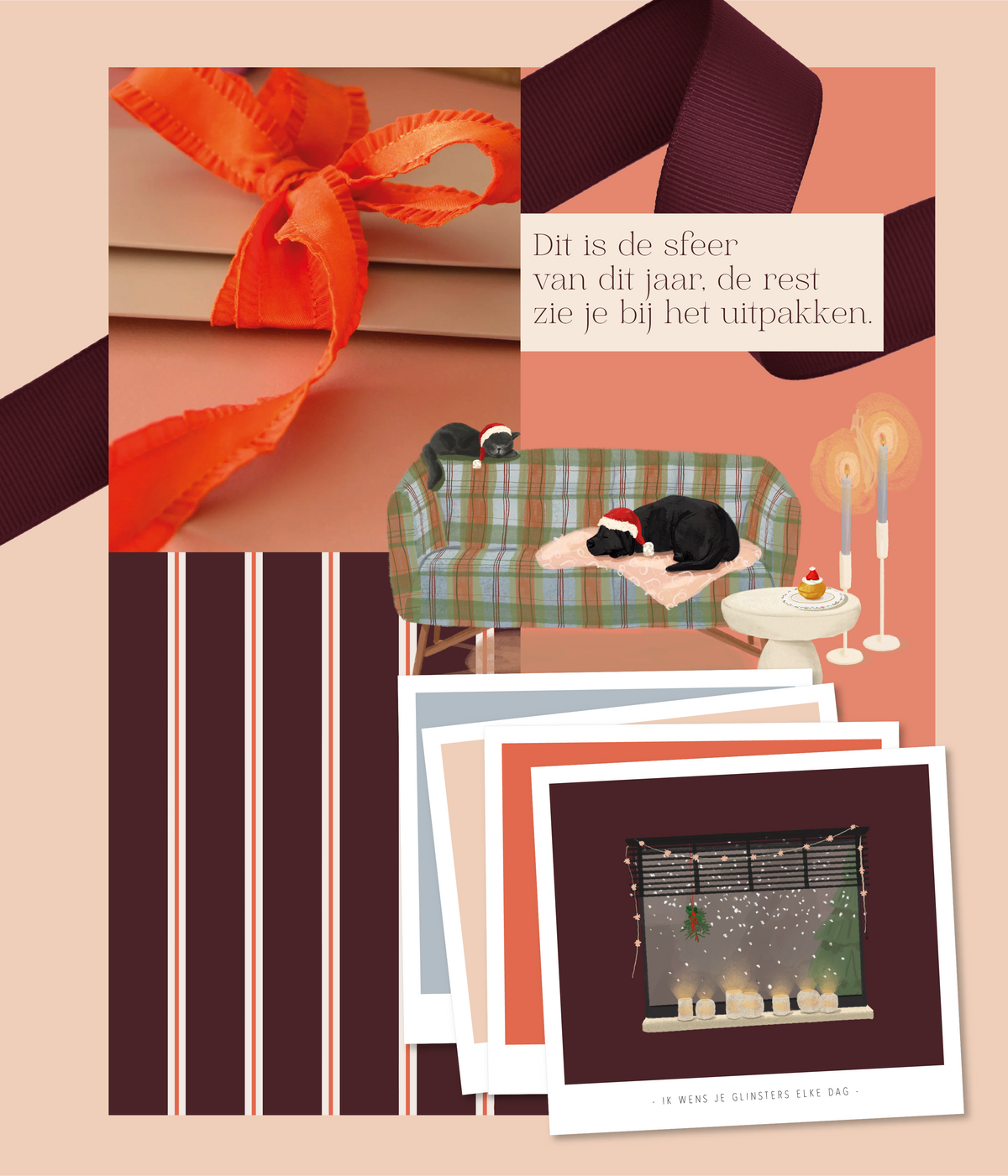 Studio Mie kerstsfeer moodboard met kat en hond in kerstmutsen