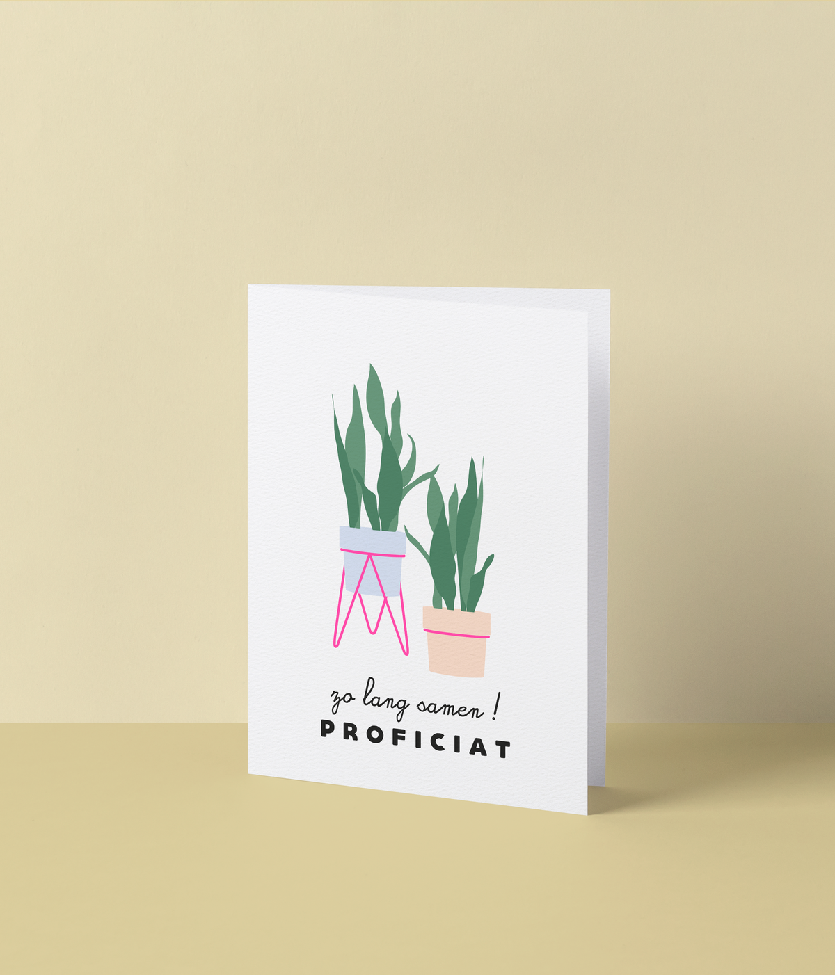 Wenskaart met twee planten in potten met fluo roze details en de tekst ‘Zo lang samen! Proficiat’