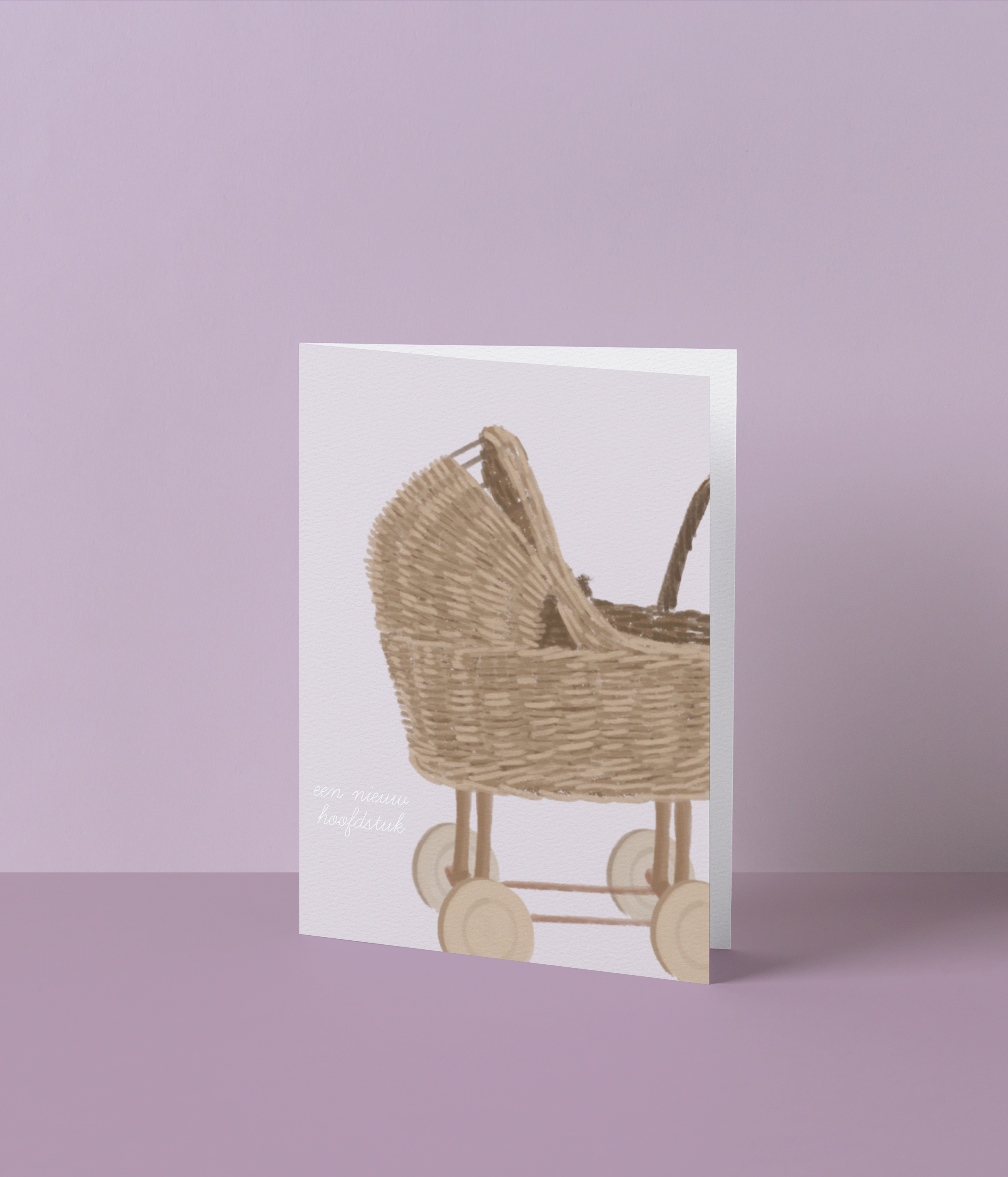 Geboortekaart 'Een nieuw hoofdstuk' met rieten babywagen