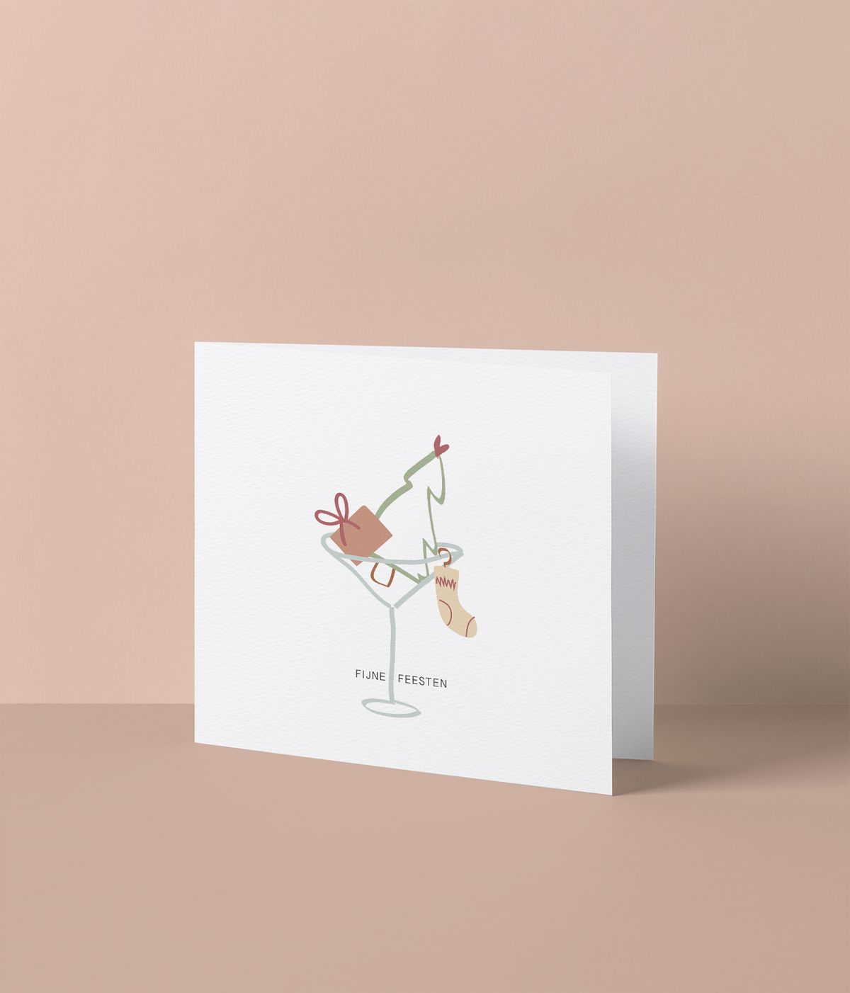 Kerstkaart met lijntekening van cocktailglas en cadeau