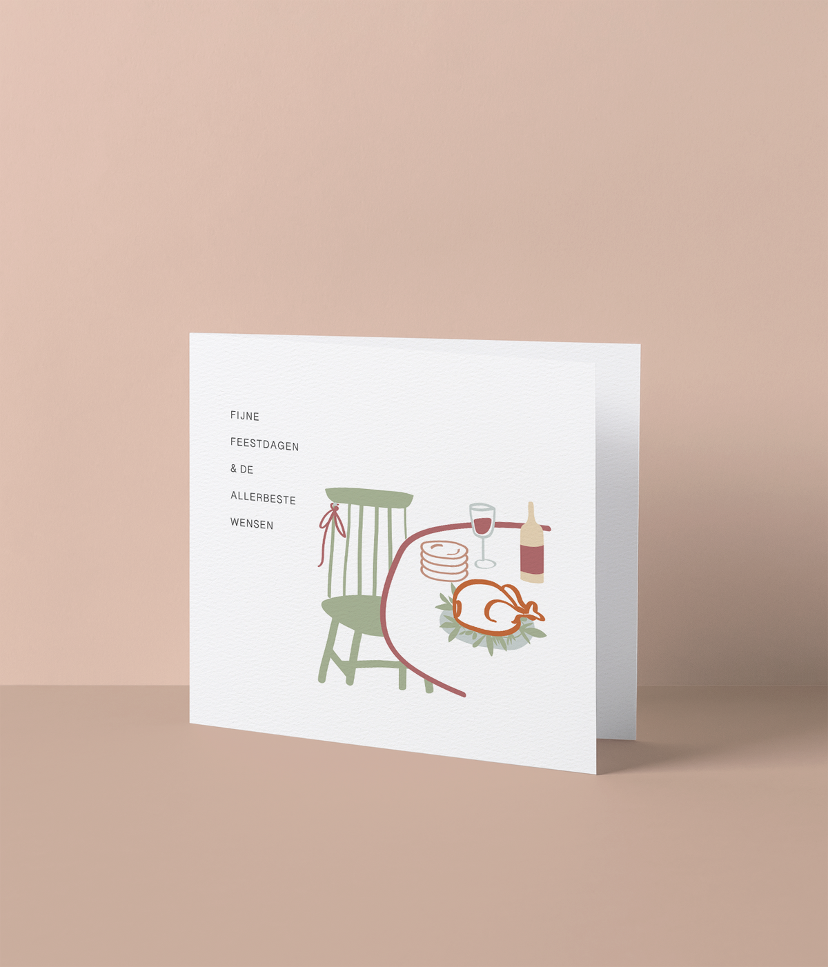 Kerstkaart met lijntekening van feestelijk gedekte tafel