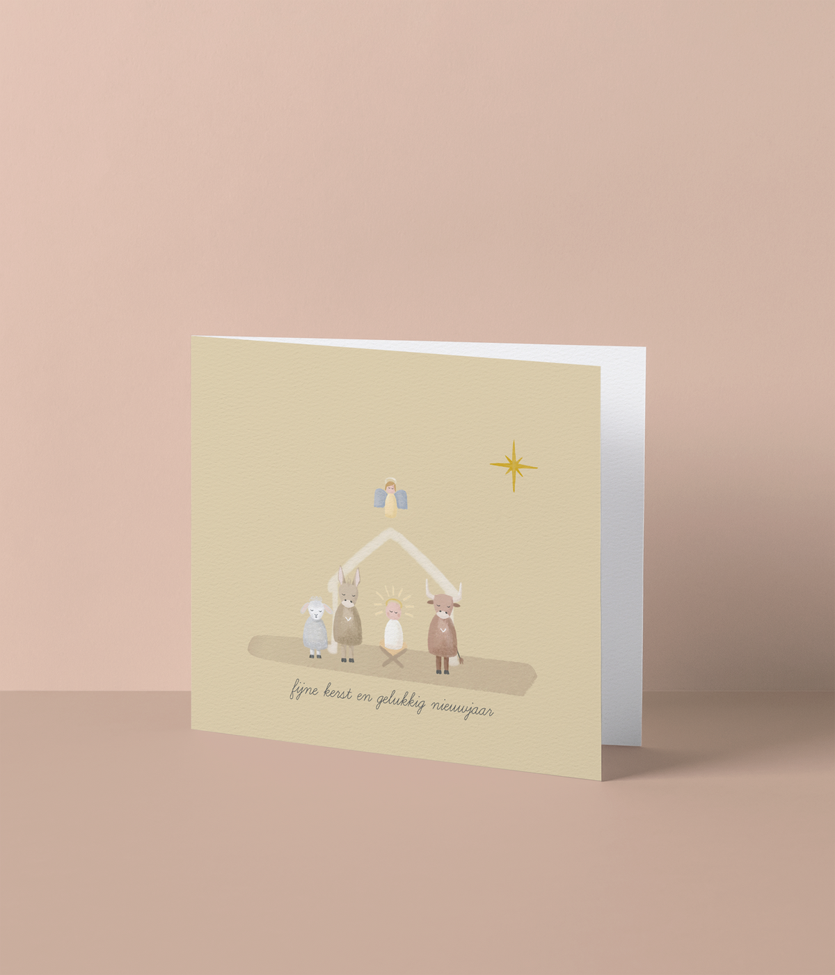 Kerstkaart met kerststal en dieren, gouden ster