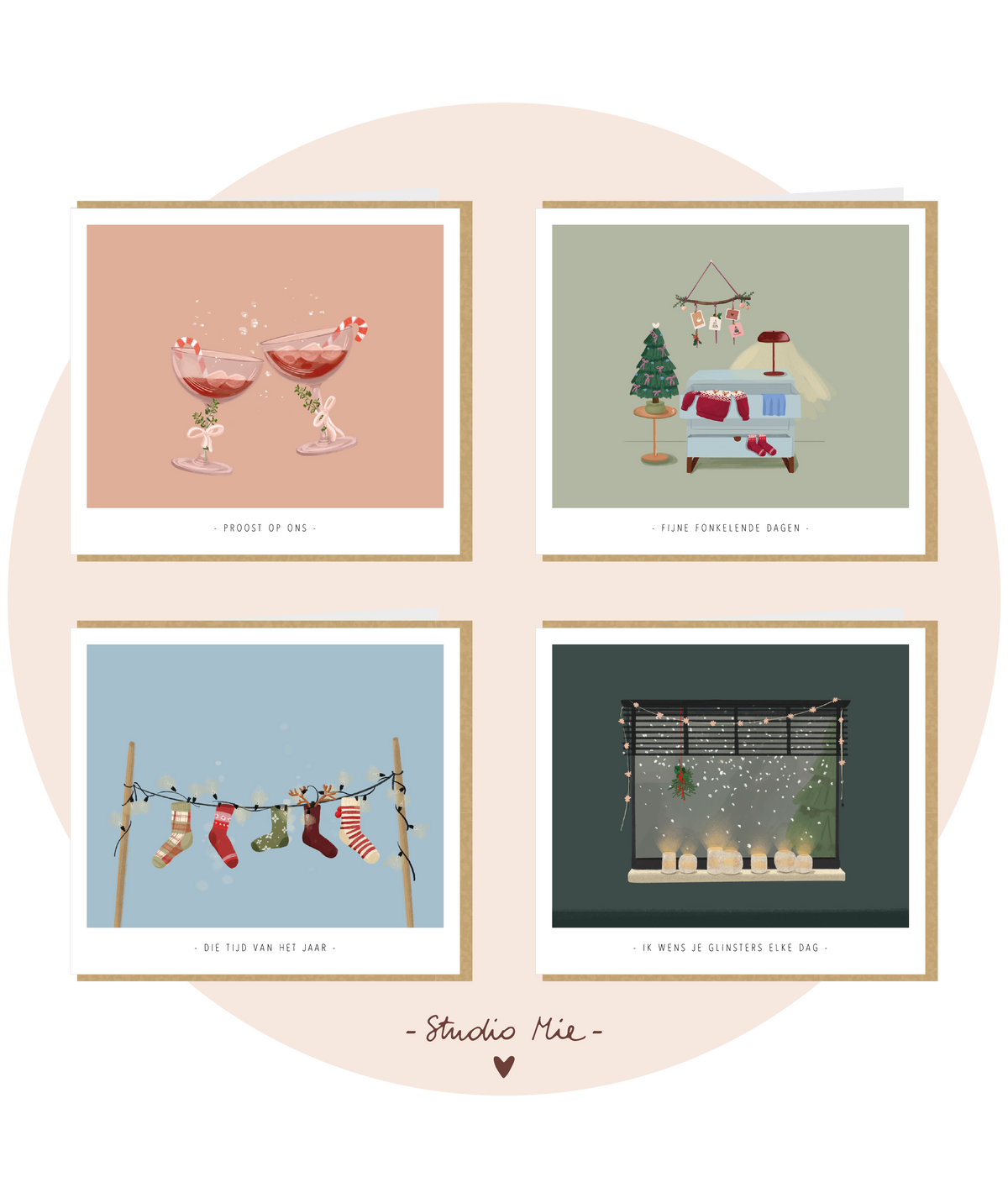 Set van 4 kerstkaarten, kleurrijke wintertaferelen
