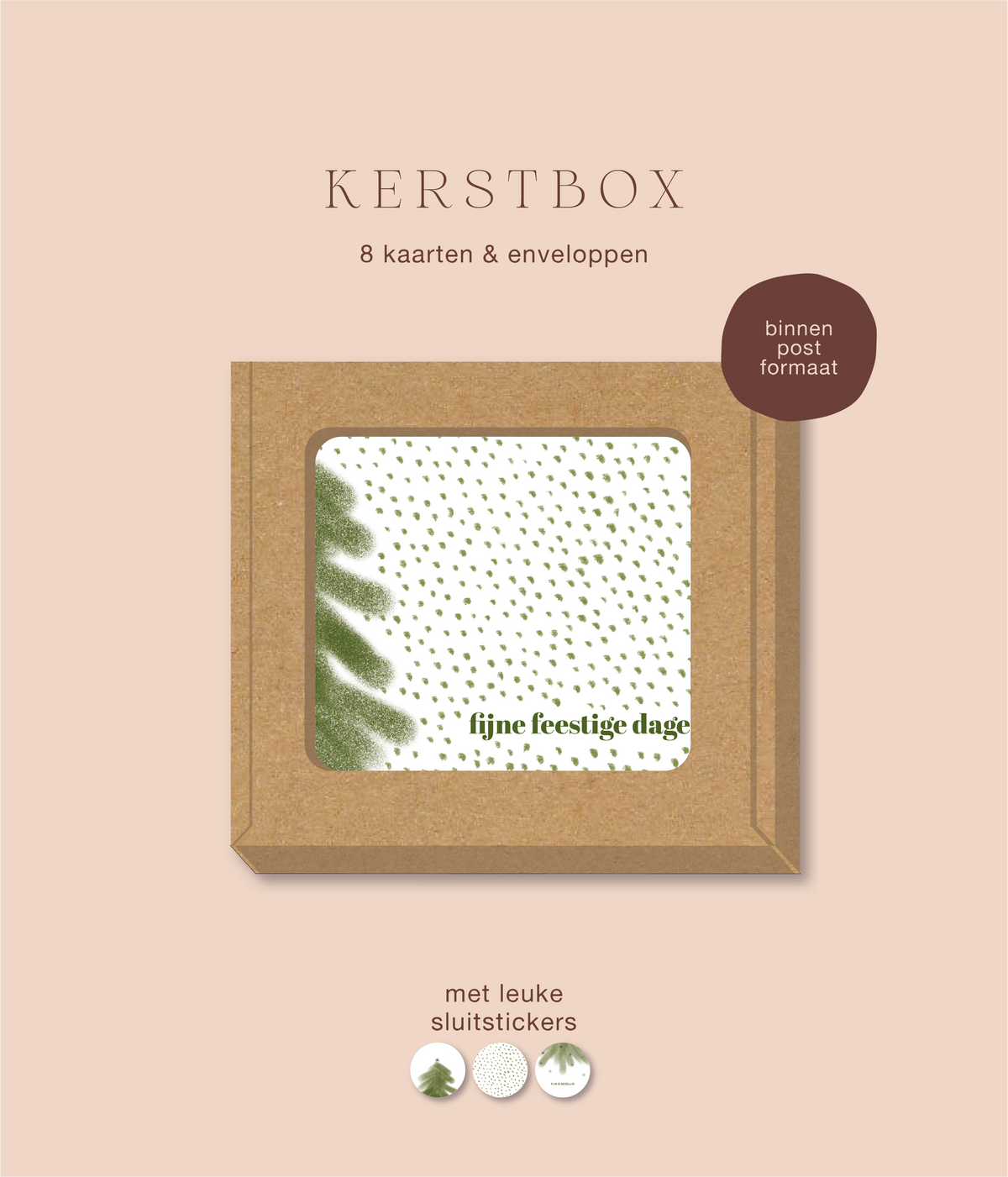 Kerstbox met 8 kaarten en enveloppen met sparrentak groen