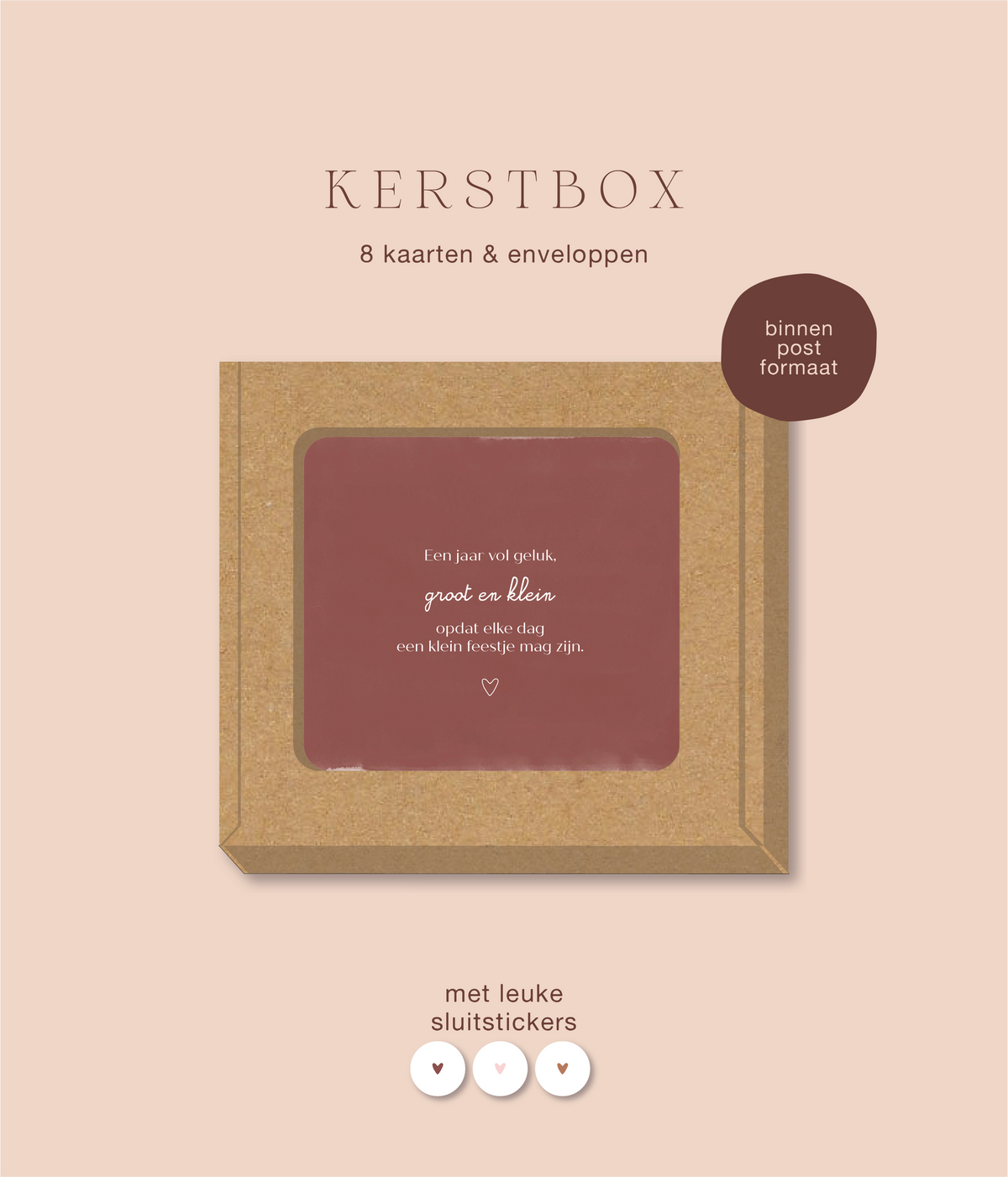 Kerstbox met kerstkaarten met kleurvlakken en tekst