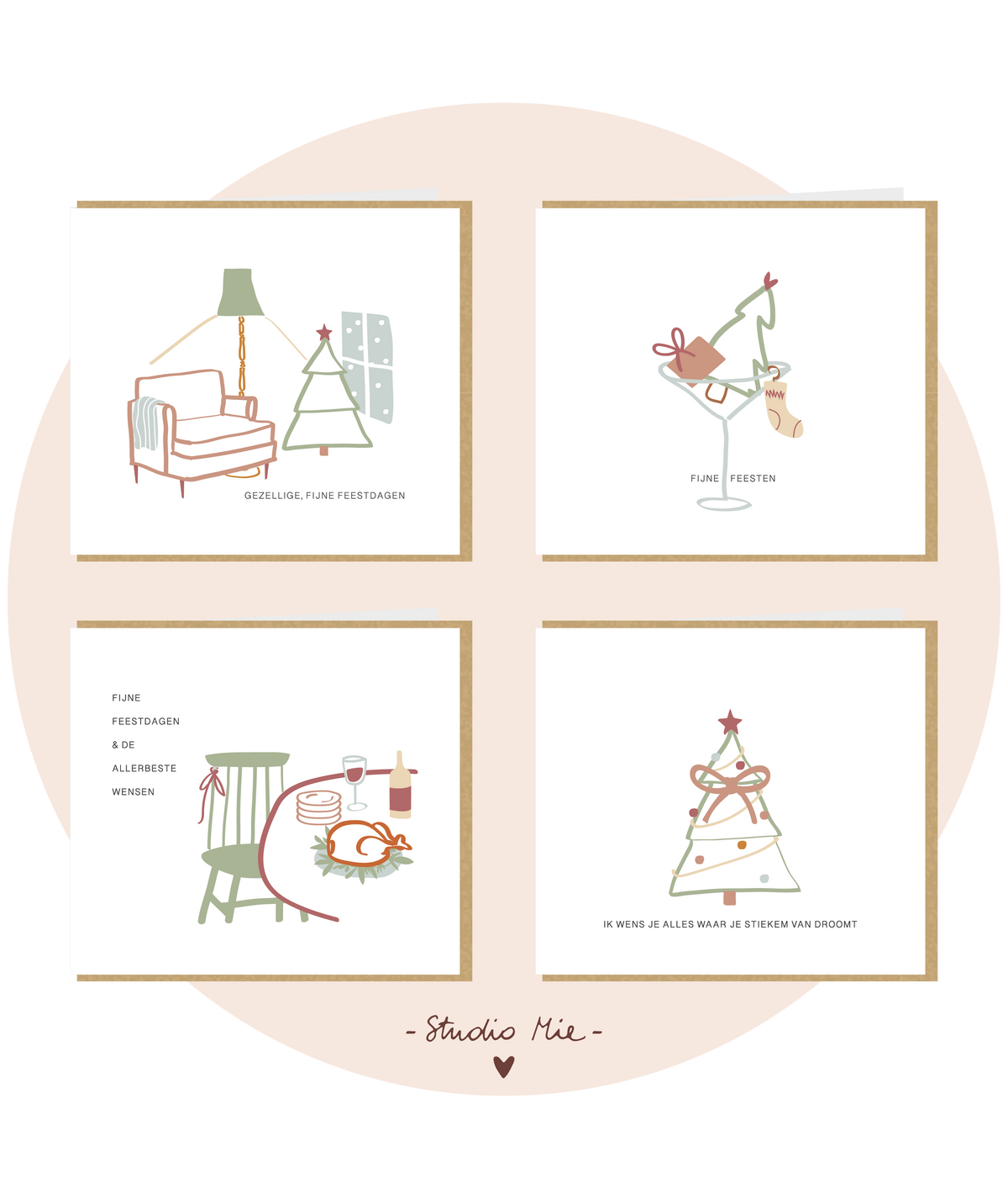 Set van 4 kerstkaarten, minimalistische lijnstijl