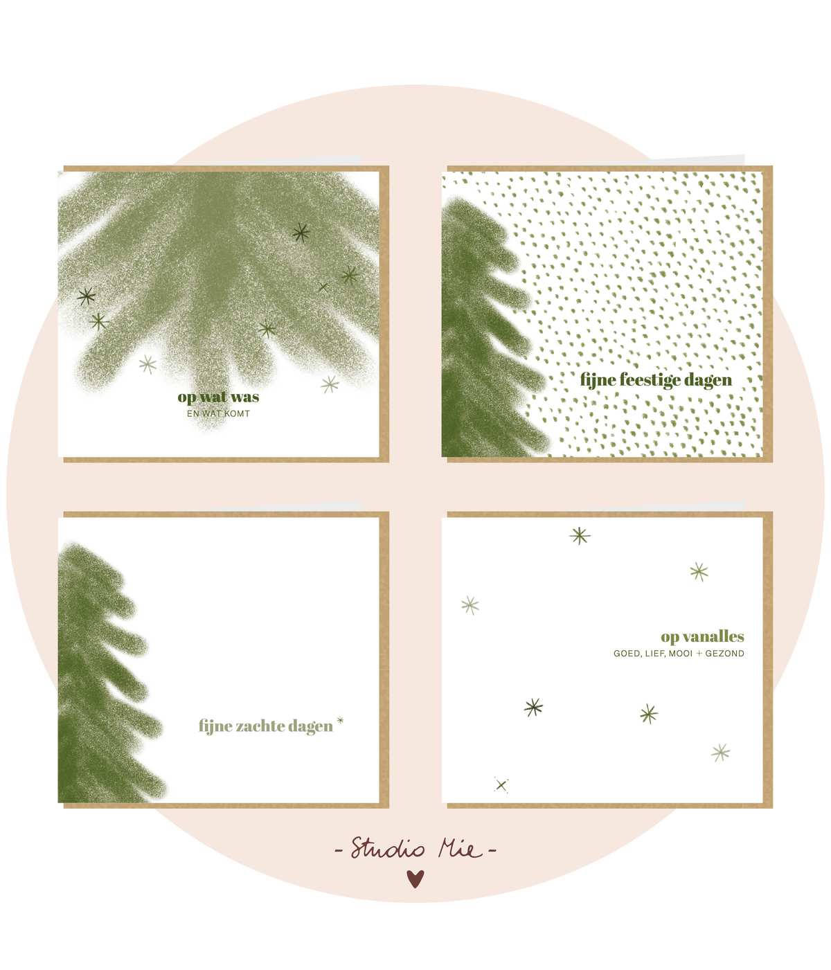 Set van 4 kerstkaarten, groene sparrentak illustratie