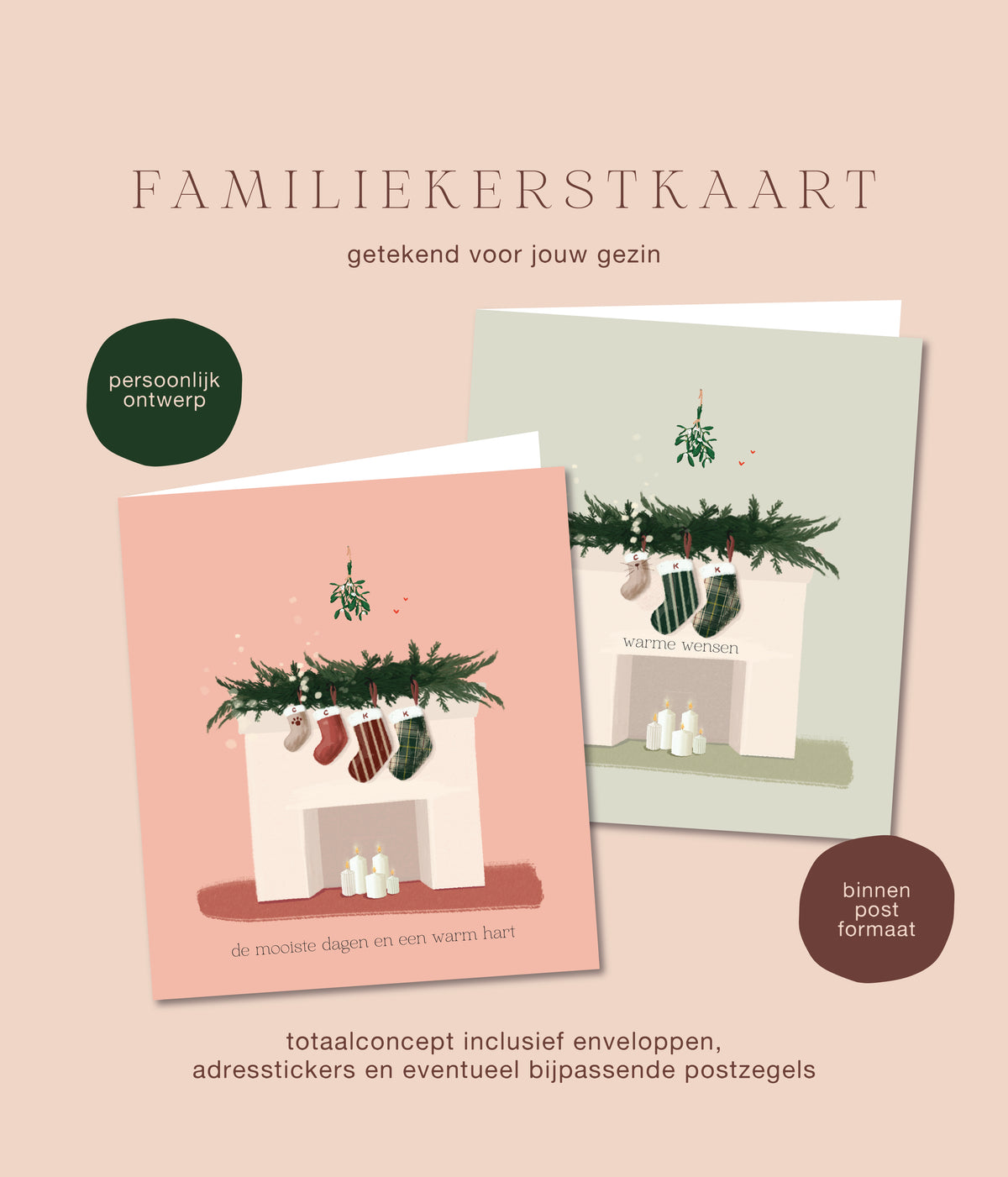 Familiekerstkaart met kerstsokken, getekend voor jouw gezin, in roze en groen