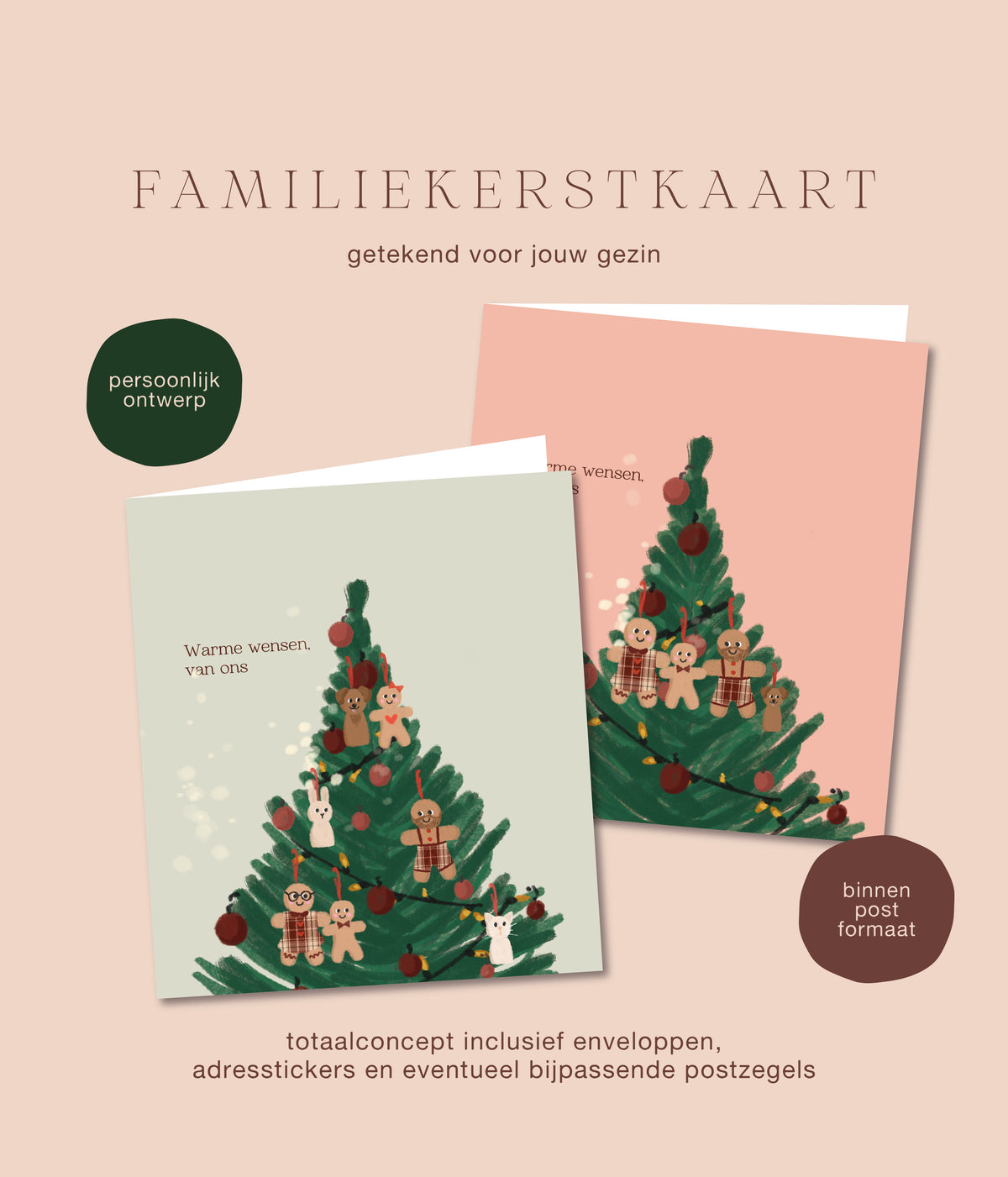 Familiekerstkaart met kerstboom en peperkoekenmannetjes, getekend voor jouw gezin