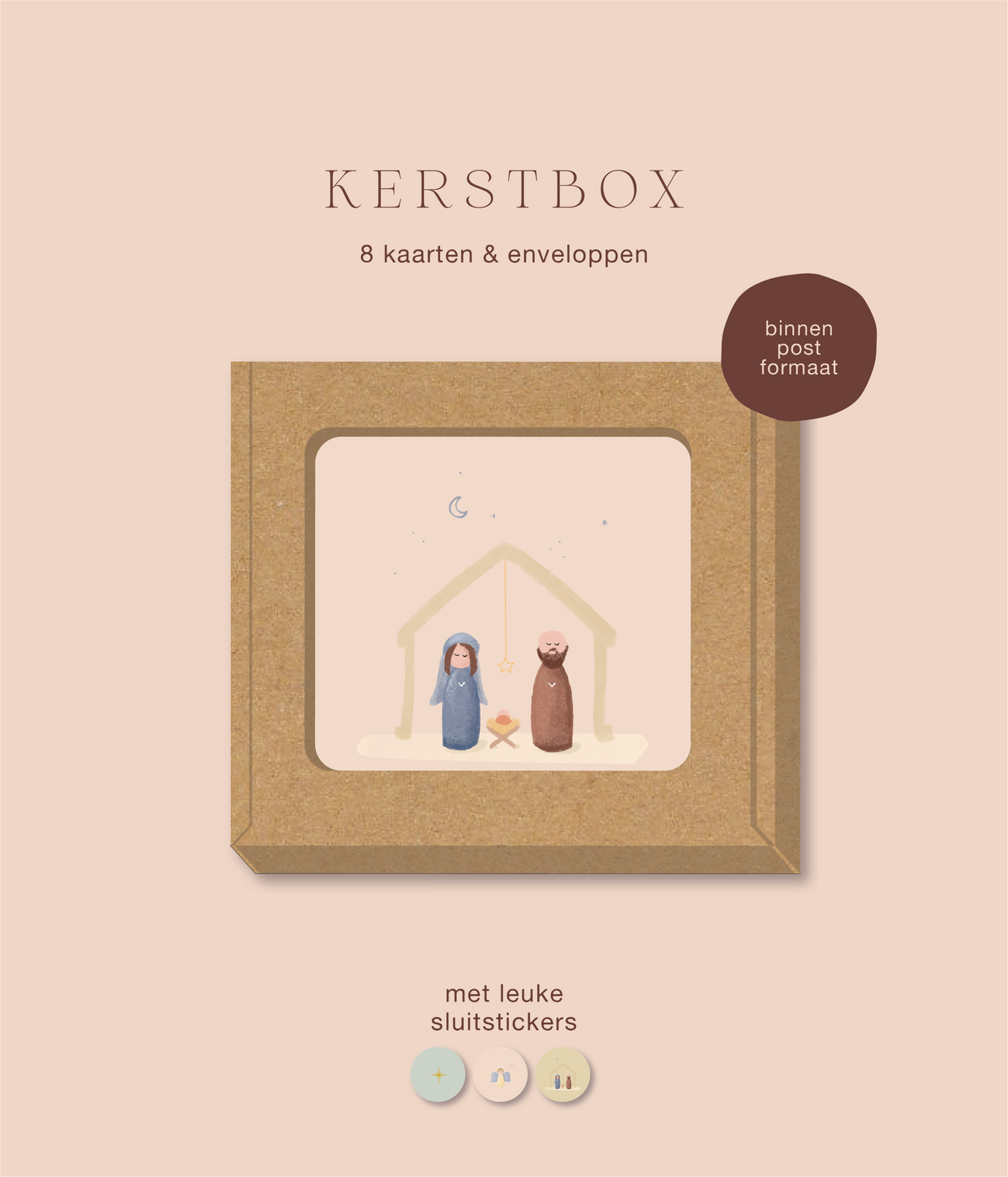 Kerstbox met 8 kerstkaarten met Maria en Jozef bij de kerststal, roze