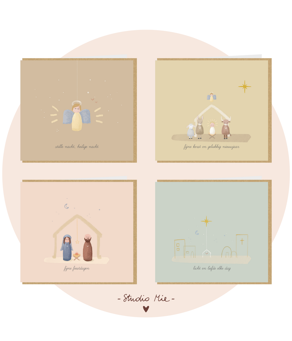 Set van 4 kerstkaarten, kerststal traditioneel, jozef en Maria