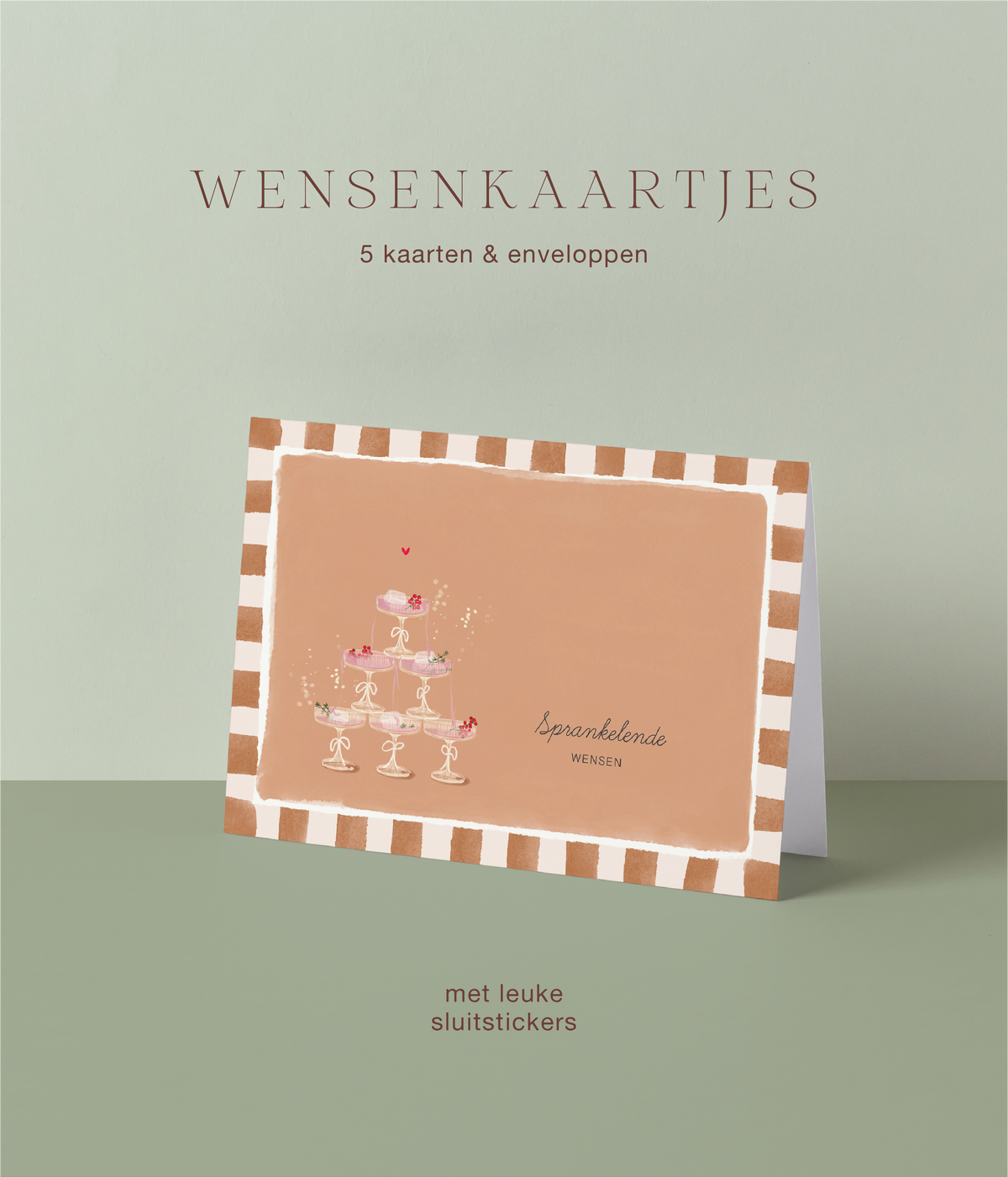 Kerstkaart met champagnetoren, tekst sprankelende wensen