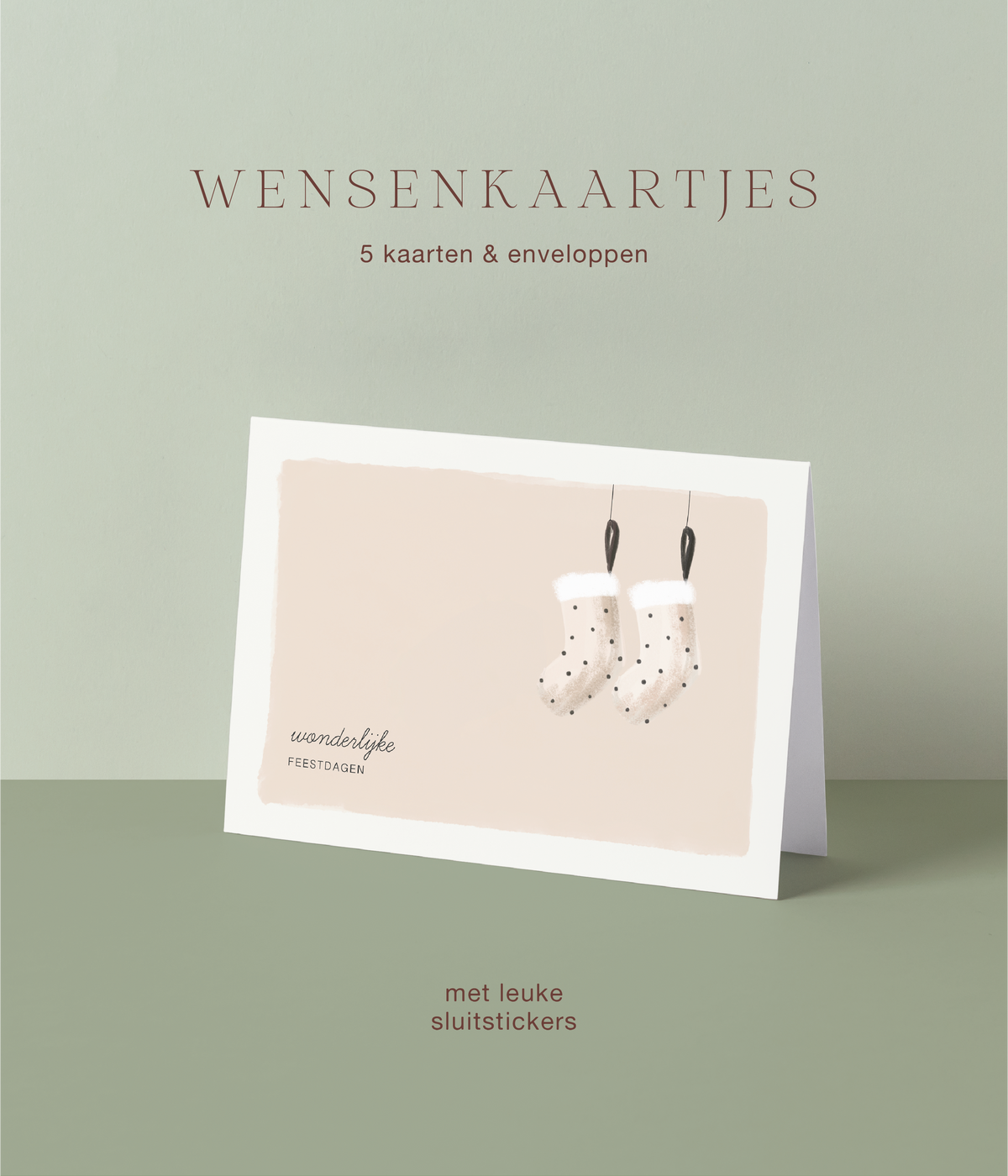 Kerstkaart met kerstsokken, tekst wonderlijke feestdagen