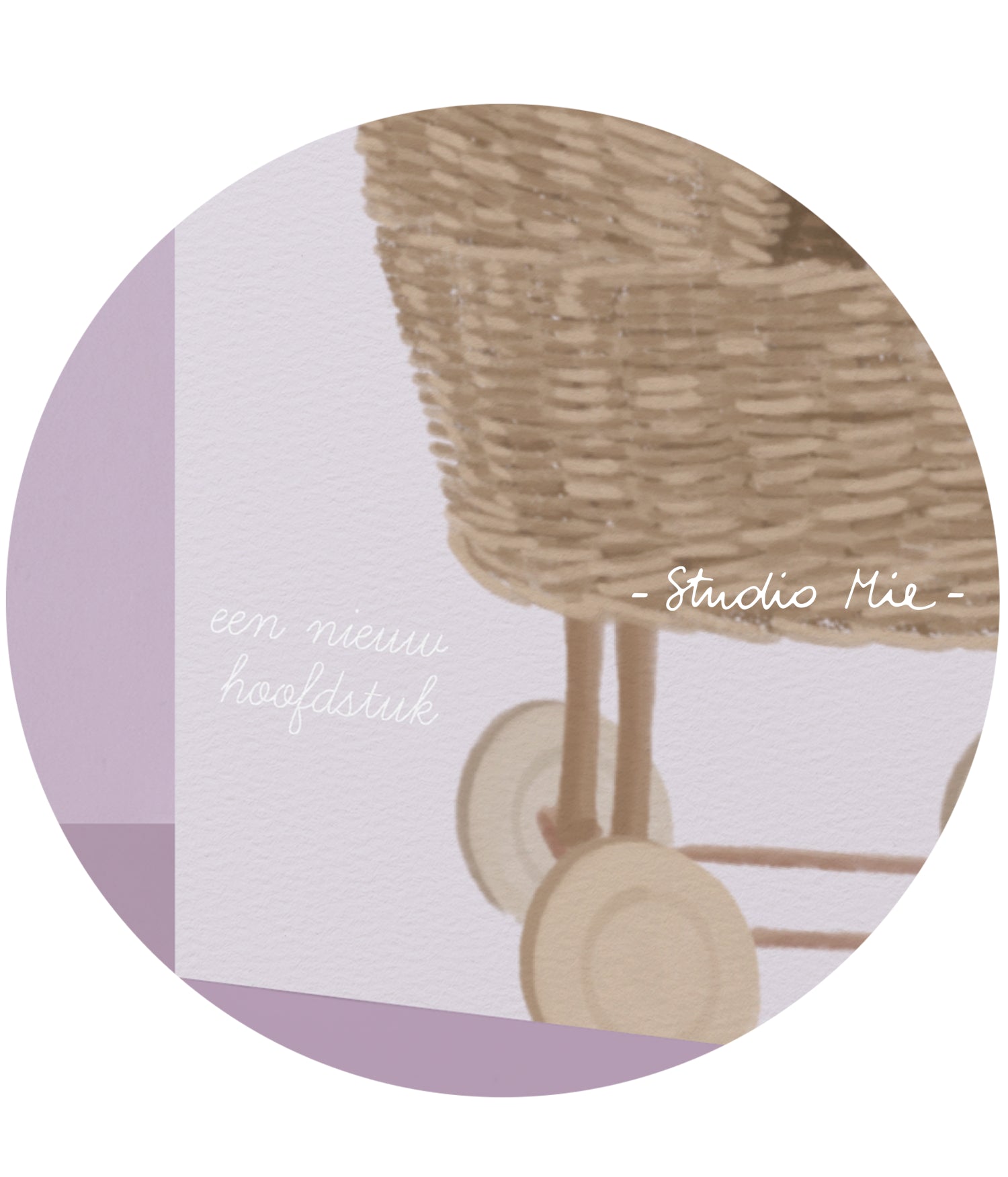 Geboortekaart 'Een nieuw hoofdstuk' met rieten babywagen